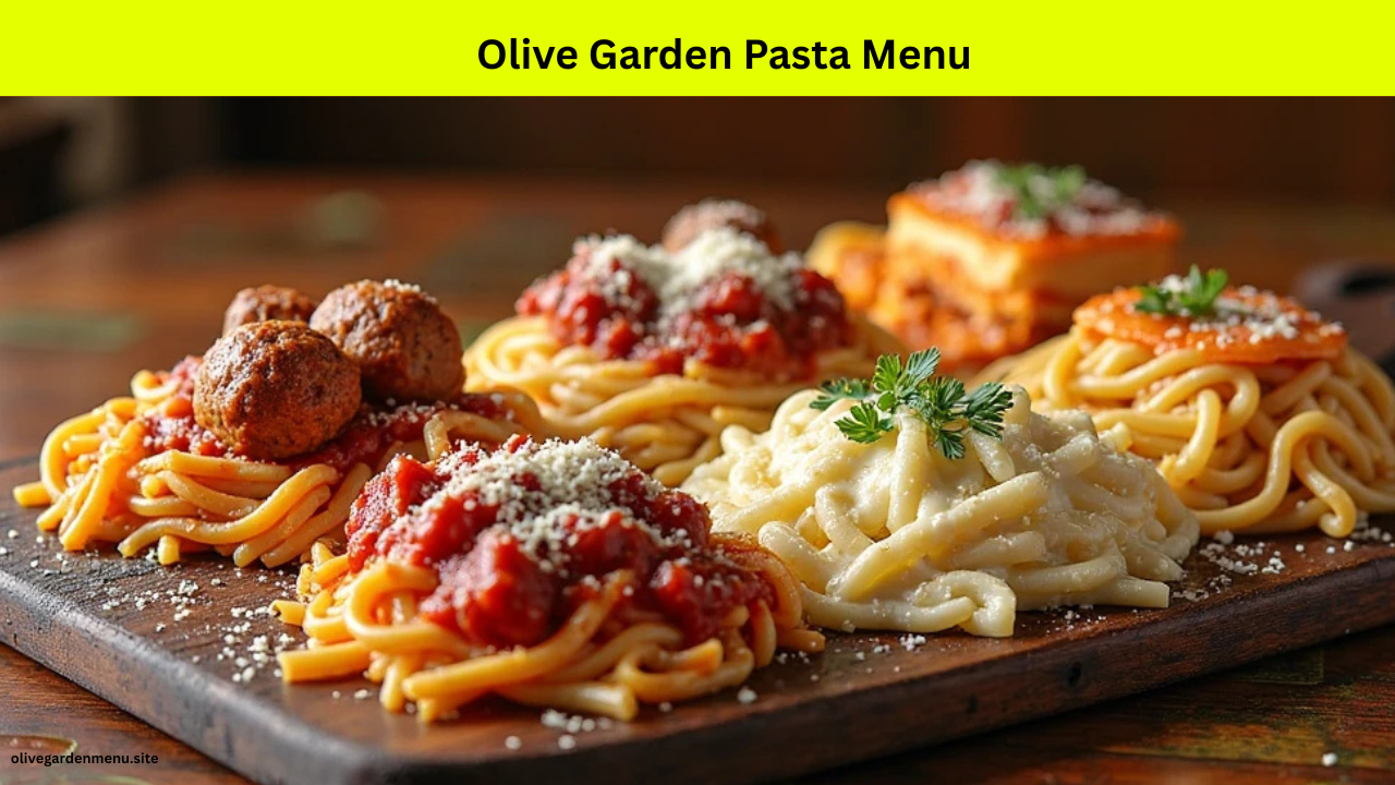 Assorted pasta dishes from the Olive Garden Menu including Spaghetti, Alfredo, Lasagna, and Rigatoni.