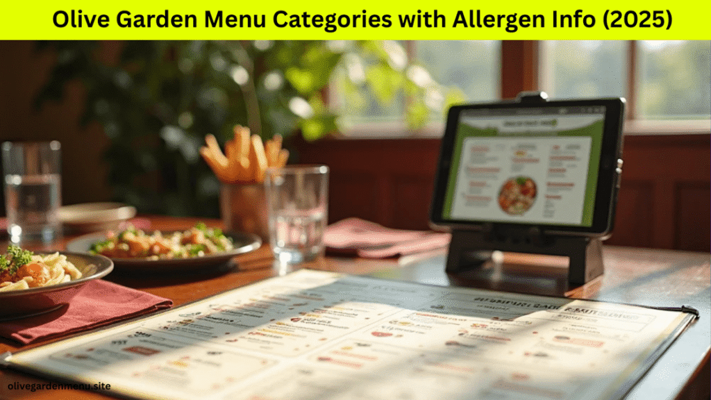 Olive Garden menu categories labeled with allergen icons from the 2025 Olive Garden Allergen Menu.