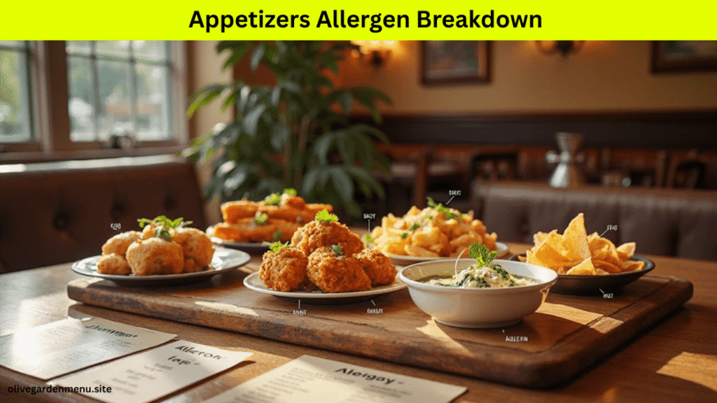 Appetizer section of the Olive Garden Allergen Menu showing allergy icons next to each item.