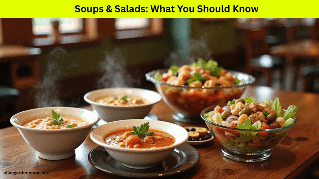 Olive Garden soups and salads listed with allergen symbols from the Olive Garden Allergen Menu.