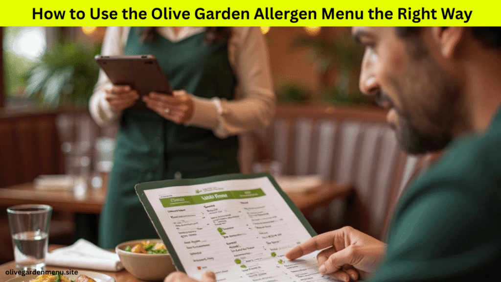 Guest reviewing the Olive Garden Allergen Menu at a table with meal options in view.