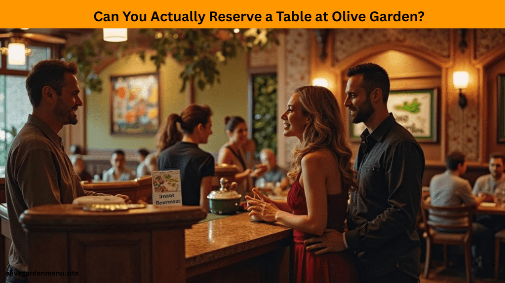 A couple asking for a table at Olive Garden with a reservation sign visible – illustrating Olive Garden Take Reservations.