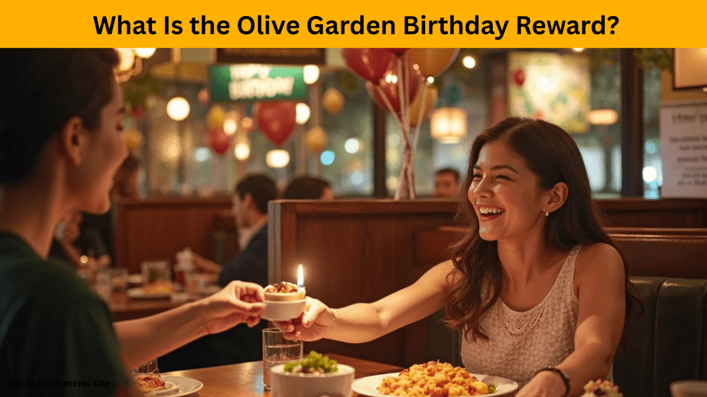 Smiling guest receiving Olive Garden Birthday Reward dessert with candle at cozy restaurant table.