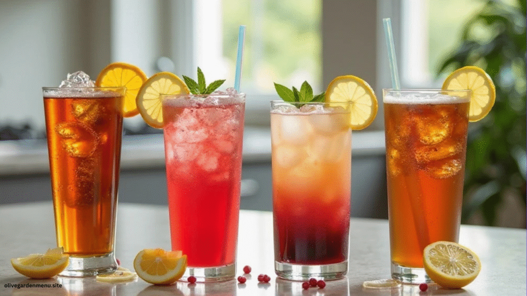 Selection of Olive Garden beverages including soft drinks, iced tea, and wine