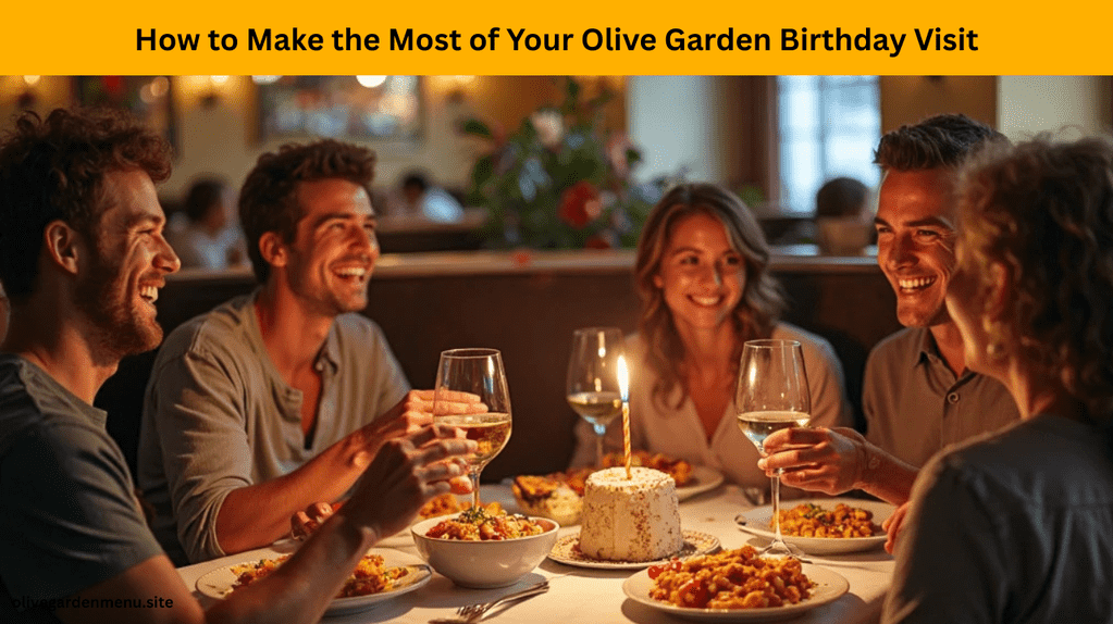 Family celebrating with food, laughter, and Olive Garden Birthday Reward dessert during a special birthday visit.