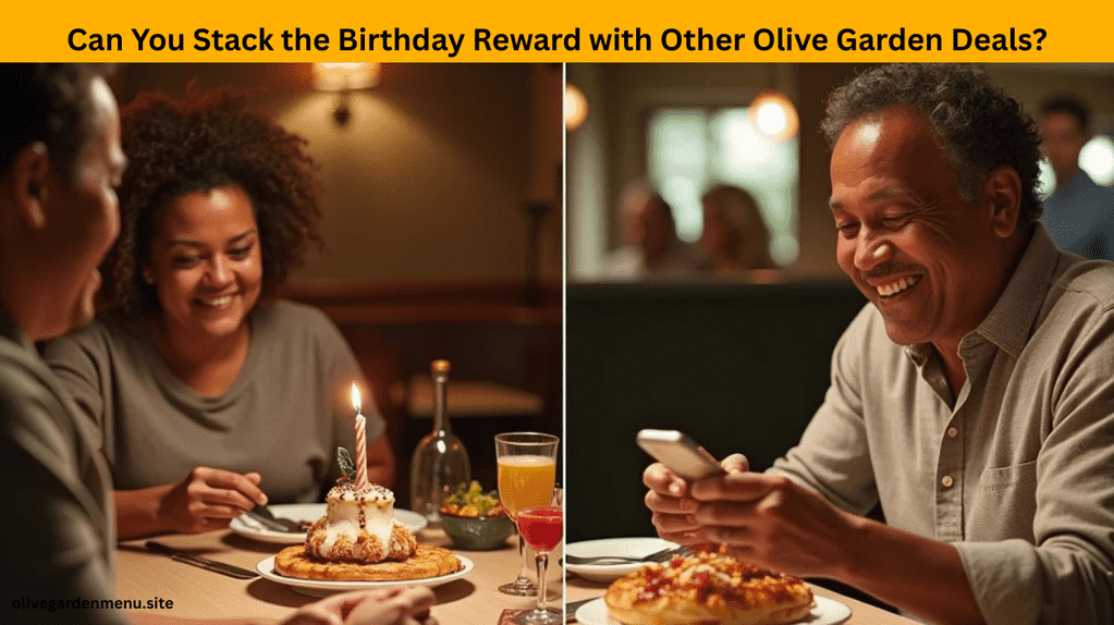 Guest reviewing receipt at Olive Garden, combining birthday reward dessert with other active deals on the table.