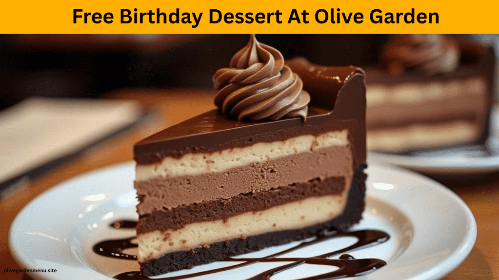 A rich slice of chocolate cheesecake with layers of cream and ganache, served with chocolate drizzle — a sweet treat that’s perfect after enjoying your Olive Garden Birthday Reward.