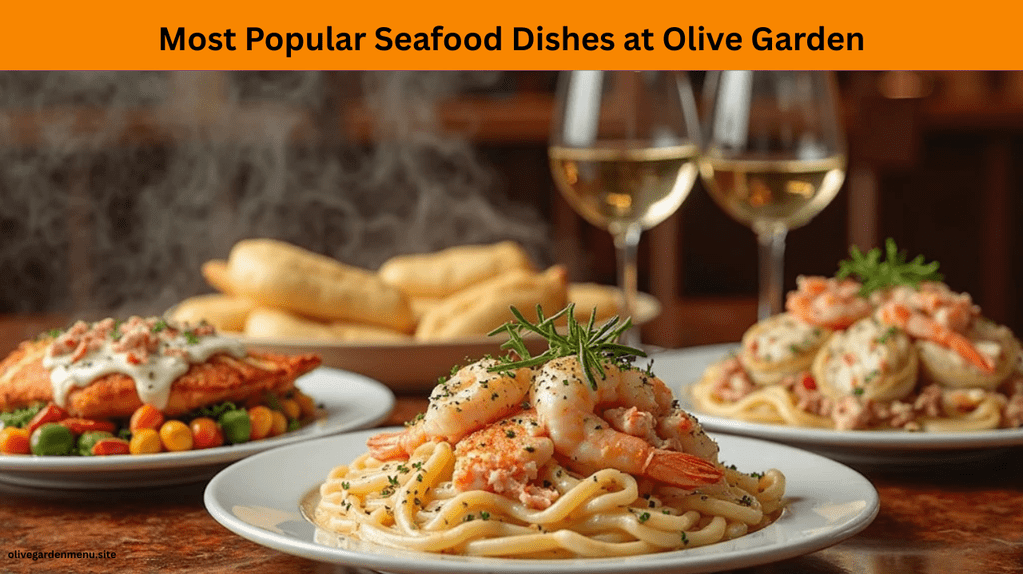 Top seafood dishes from the Olive Garden Seafood Menu, including shrimp Alfredo, salmon, and stuffed shells.