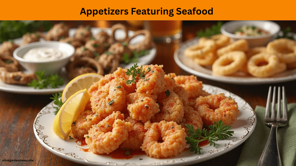 Seafood appetizers from the Olive Garden Seafood Menu, including shrimp fritto misto, calamari, and crab-stuffed mushrooms.