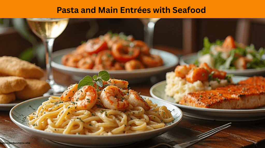 Pasta and seafood entrées from the Olive Garden Seafood Menu, featuring shrimp Alfredo, grilled salmon, and lobster ravioli.