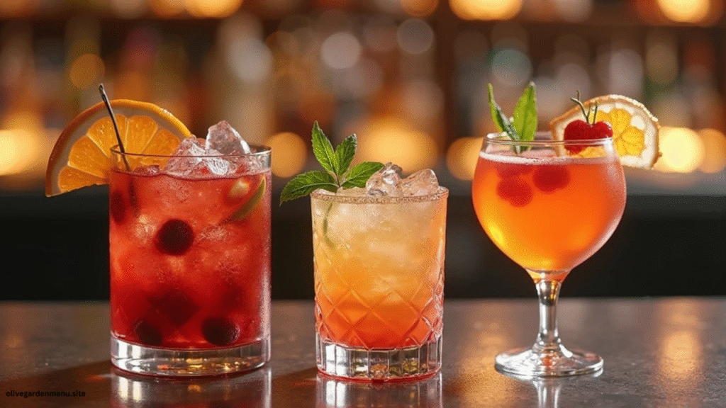 Colorful Olive Garden cocktails lined up on a bar counter
