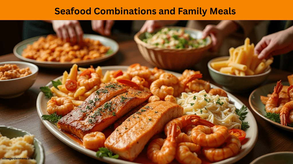 Family-style seafood combinations from the Olive Garden Seafood Menu, featuring salmon, shrimp, and shared pasta bowls.