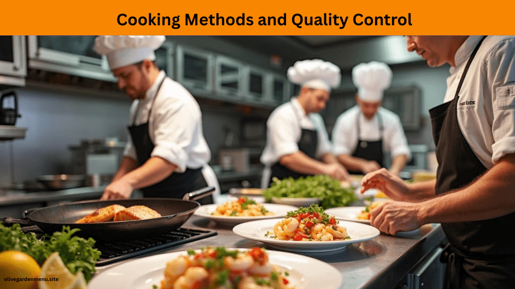 Behind the scenes in Olive Garden’s kitchen showing seafood cooking techniques and quality control for the Seafood Menu.