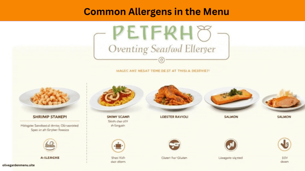 Allergen guide for seafood items in the Olive Garden Seafood Menu, showing common ingredients like shellfish, gluten, and dairy.