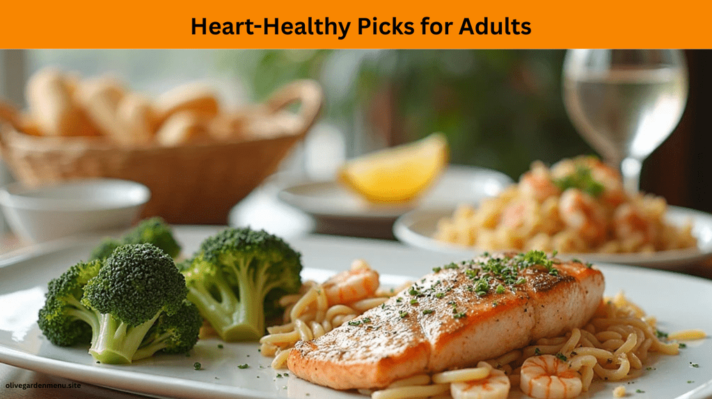 Heart-healthy seafood dishes from the Olive Garden Seafood Menu, including grilled salmon and light shrimp pasta.
