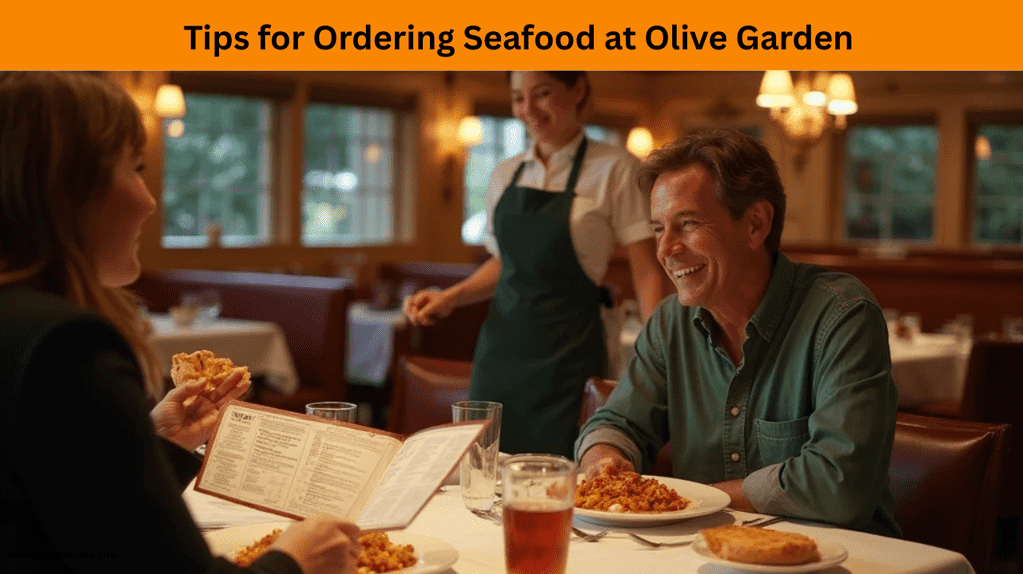Guest getting seafood recommendations from the Olive Garden Seafood Menu with a friendly server nearby.
