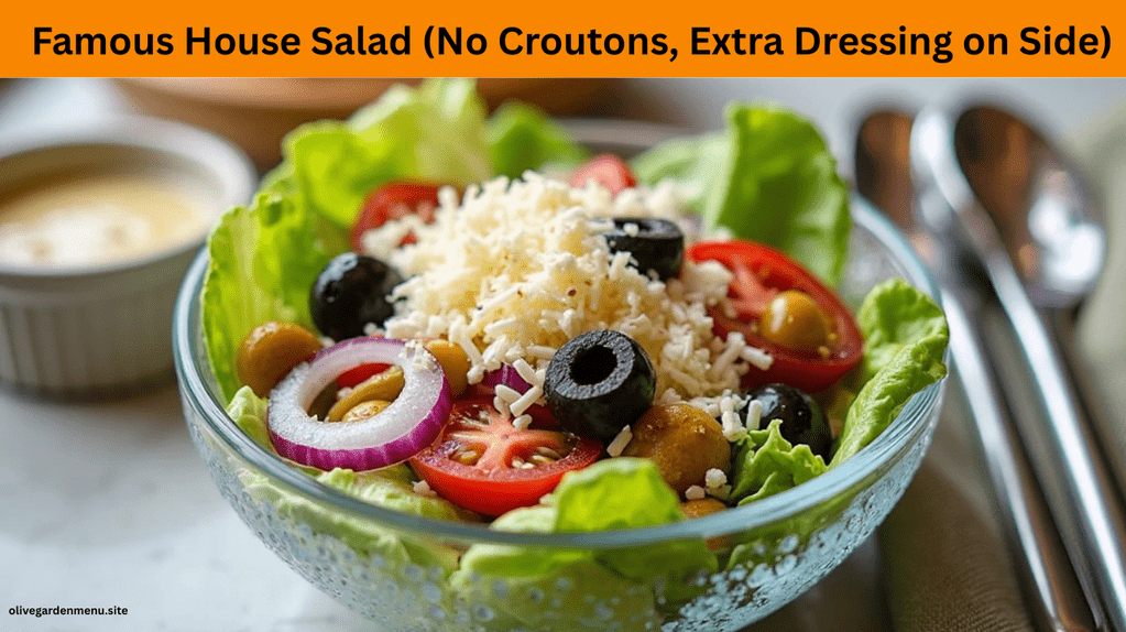 A close-up of Olive Garden’s famous house salad served in a chilled glass bowl. Exclude the croutons. Show fresh romaine lettuce, black olives, sliced red onions, pepperoncini, grape tomatoes, and shredded Parmesan cheese. Place a small ramekin of signature Italian dressing on the side. Add silver tongs and a cloth napkin beside the bowl. Use soft daylight for a fresh, healthy feel with realistic detail and color balance. Clean tabletop background with slight Olive Garden branding visible.