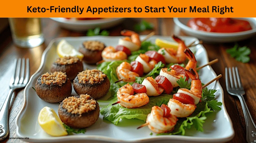 Low-carb Olive Garden appetizers including grilled shrimp, stuffed mushrooms, and antipasto skewers