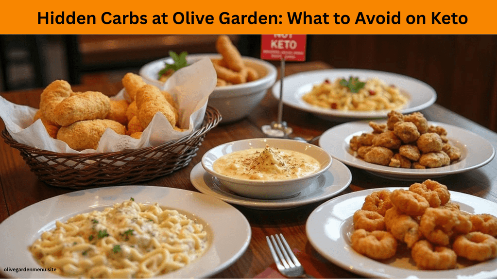 High-carb Olive Garden items including breadsticks, Alfredo pasta, gnocchi soup, and fried appetizers