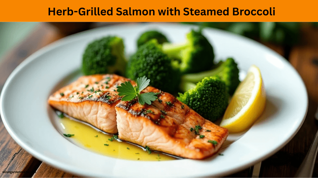 Herb-grilled salmon fillet with steamed broccoli served on a white plate