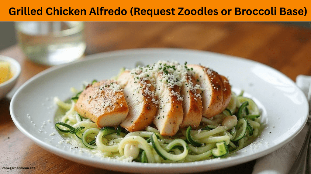 Grilled chicken Alfredo served over zoodles or broccoli instead of traditional pasta
