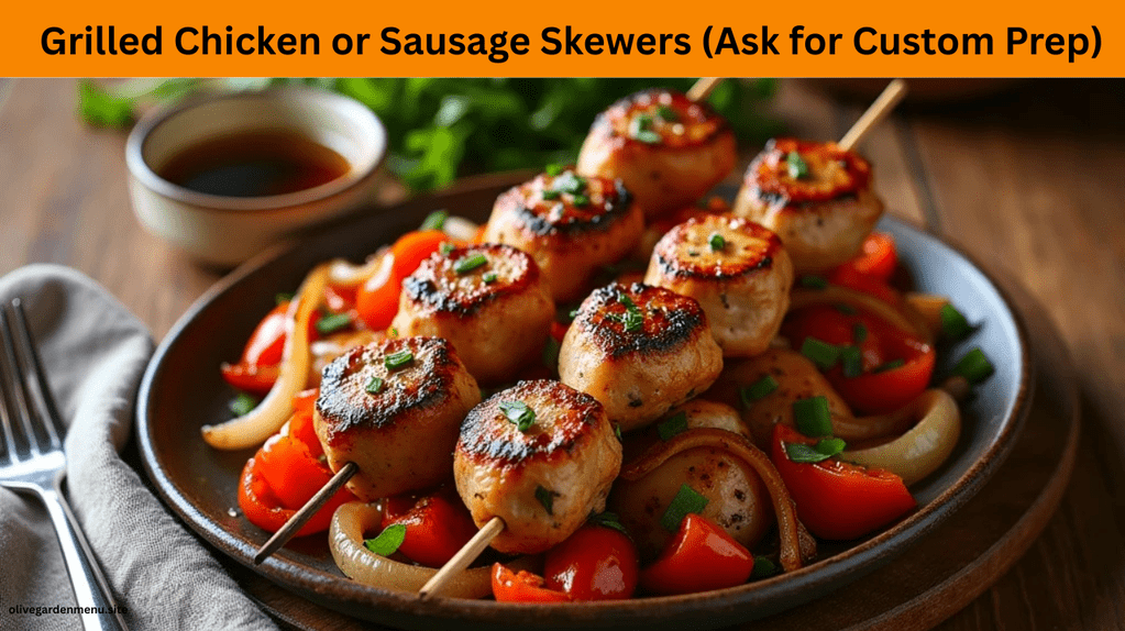 Grilled chicken and sausage skewers with sautéed peppers and herbs