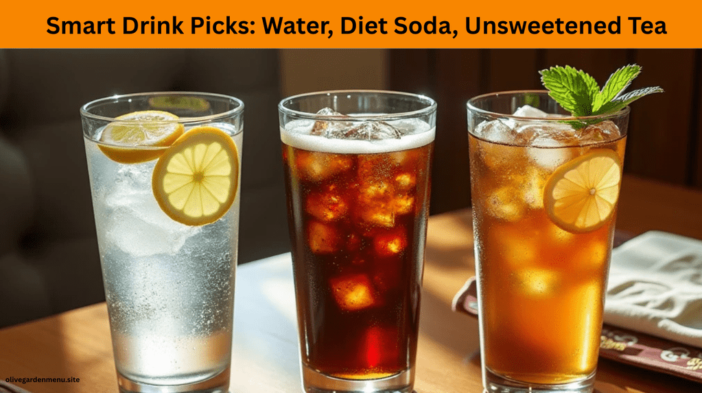 Water with lemon, diet soda, and unsweetened iced tea served on a restaurant table