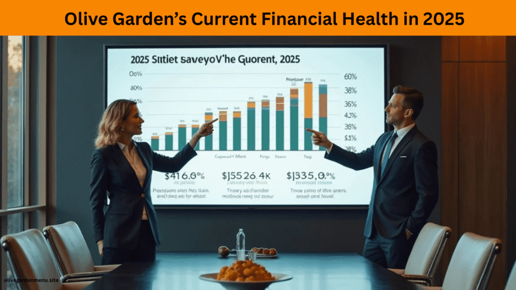 Executives reviewing Olive Garden’s 2025 financial chart with a small “Olive Garden Closing” note in corner.