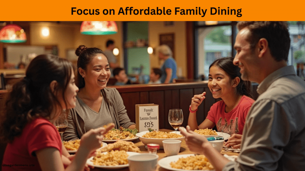 Family enjoying affordable dinner at Olive Garden with subtle Olive Garden Closing reference in the background.