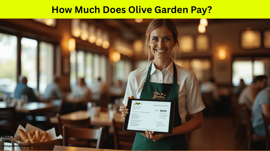 A server in an Olive Garden restaurant holding a tablet showing a paystub – Does Olive Garden Pay?