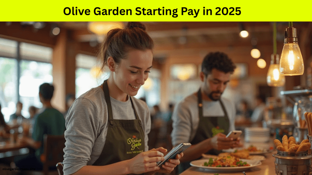 A new Olive Garden team member checking digital starting pay details on a tablet – Does Olive Garden Pay?