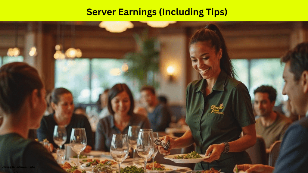 Olive Garden server delivering food with a tip summary on screen – Does Olive Garden Pay?