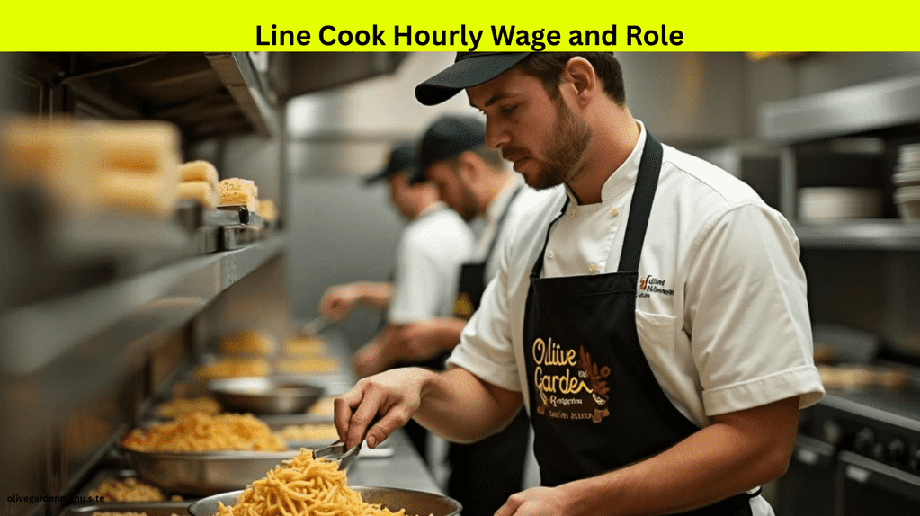 Olive Garden line cook preparing meals in the kitchen with hourly wage overlay – Does Olive Garden Pay?