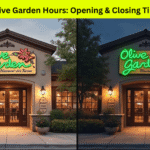 Front view of Olive Garden showing both opening and closing hours ambiance.