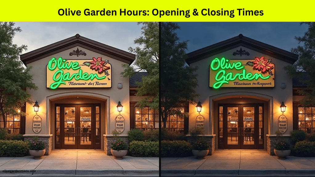 Front view of Olive Garden showing both opening and closing hours ambiance.
