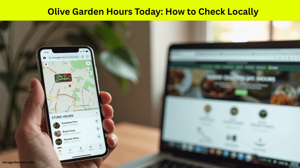 A smartphone held in hand displaying the Olive Garden location on Google Maps with store hours listed, next to a desktop screen showing Olive Garden’s official website hours page. Background includes a coffee table and subtle daylight coming through a window. Realistic lighting, clean UI on screens, modern and relatable daily-life setting.