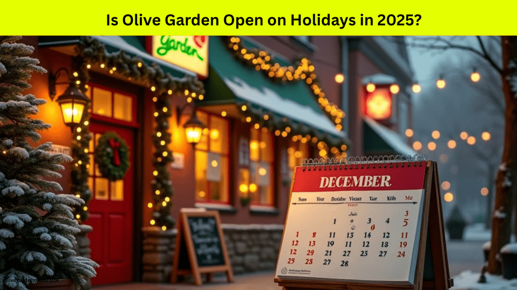 A festive Olive Garden restaurant façade decorated for holidays (e.g. garlands, twinkling lights, small wreath on the door), next to a calendar page for 2025 opened to December, showing holiday dates like Christmas, Thanksgiving, and New Year’s. A chalkboard sign reads “Holiday Hours.” Warm evening lighting with a subtle snowfall outside. Realistic, inviting, and celebratory atmosphere.