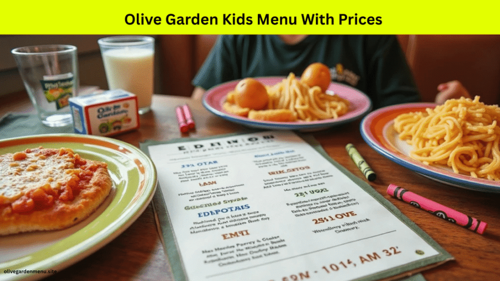 A realistic photo taken at an Olive Garden table showing a “Build Your Own Pasta” kids meal setup. The table features three small white bowls with different pasta types (penne, spaghetti, and fettuccine), alongside bowls of sauces like Alfredo, marinara, and meat sauce. Add kid-sized toppings like grilled chicken strips, broccoli, or meatballs on the side. Include a child’s hand reaching toward one bowl for interaction. Place the Olive Garden Kids Menu nearby with the “Pasta Choices – Build Your Own” section highlighted. Use warm natural lighting, wooden tabletop, and shallow depth of field to create a cozy, authentic restaurant feel.