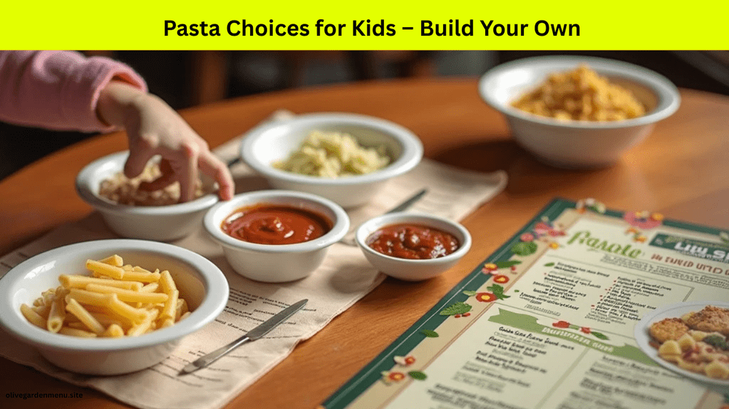 Kid-friendly Olive Garden pasta choices from the Build Your Own section of the Kids Menu.