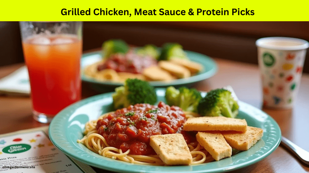 Olive Garden Kids Menu protein picks including grilled chicken, meat sauce pasta, and healthy sides.