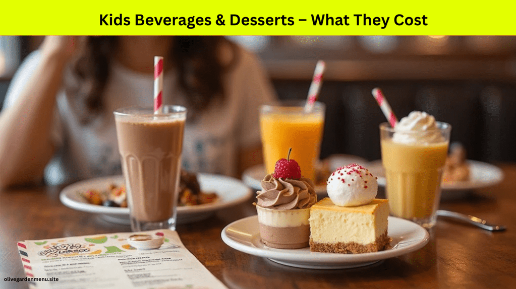 Olive Garden Kids Menu beverages and desserts with prices displayed naturally at the table.