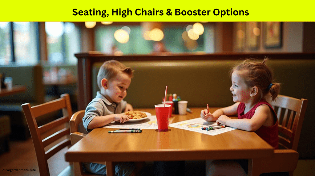 Kids seated in high chairs and booster seats at Olive Garden with meals and activities on the table.