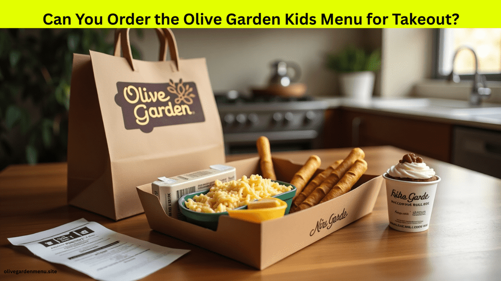 Takeout order of Olive Garden Kids Menu featuring pasta, juice, and dessert on a home table.