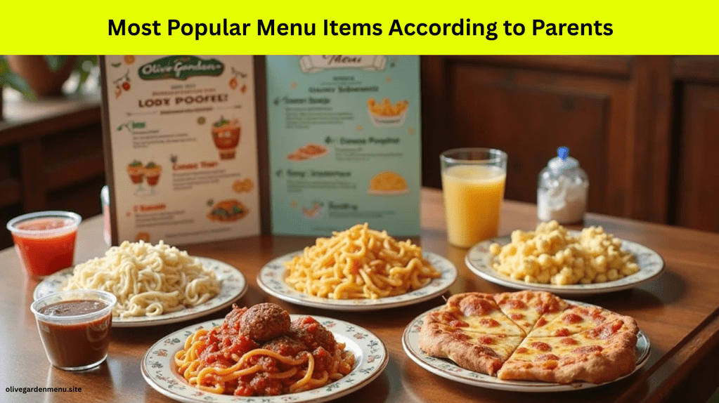 Top-rated meals from the Olive Garden Kids Menu served on a family-style table with juice and dessert.