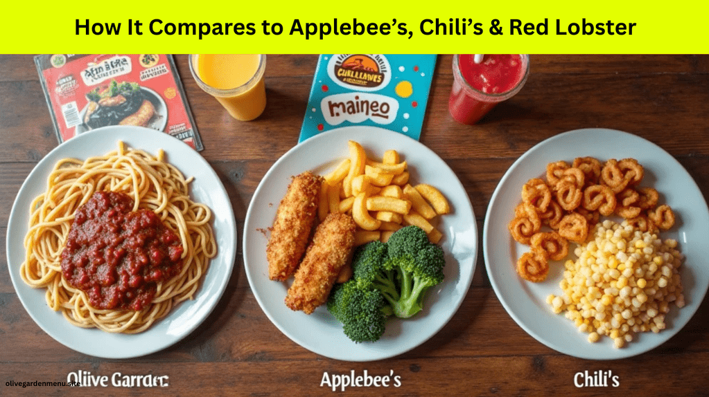 Side-by-side comparison of kids’ meals from Olive Garden, Applebee’s, Chili’s, and Red Lobster.
