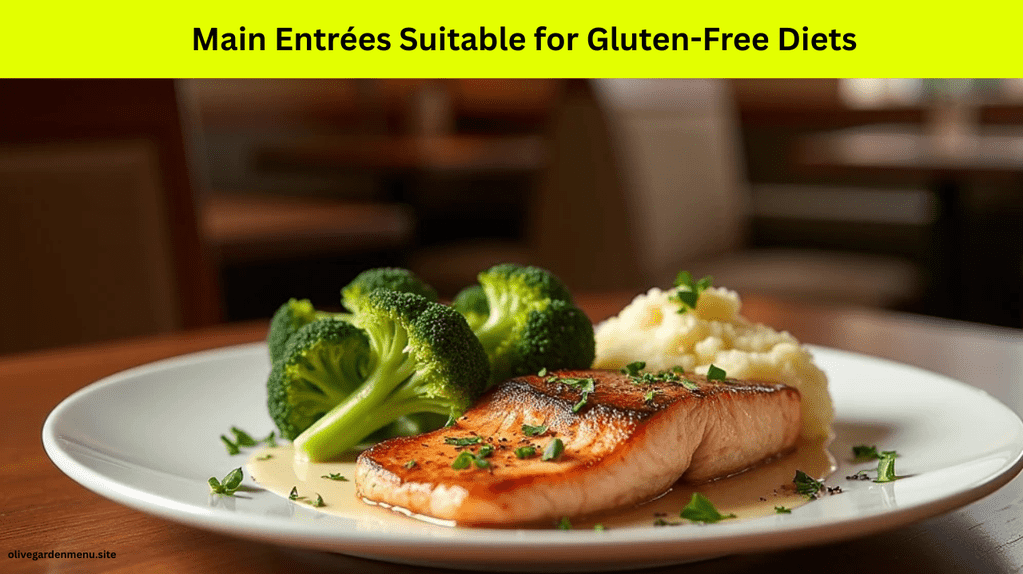 Grilled salmon entrée from Olive Garden’s gluten-free menu with vegetables and mashed potatoes.