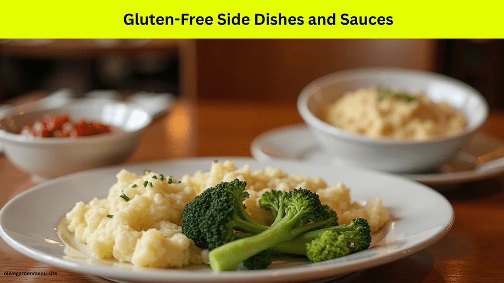 A realistic image of gluten-free side dishes and sauces served at Olive Garden. Display a small white plate of steamed broccoli, garlic mashed potatoes, and a side bowl of marinara and Alfredo sauce (gluten-free). Plates should be clean and neatly arranged on a wooden Olive Garden table setting with warm lighting. Background should feel like an authentic Olive Garden dining atmosphere — no people, clean and appetizing visuals.