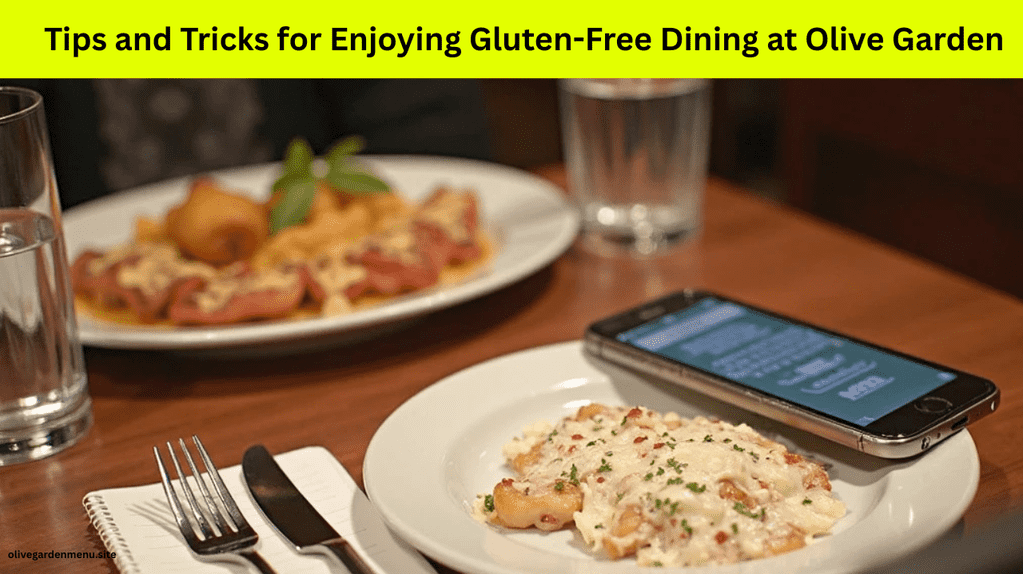 Dining table at Olive Garden showing gluten-free meal with checklist and phone.
