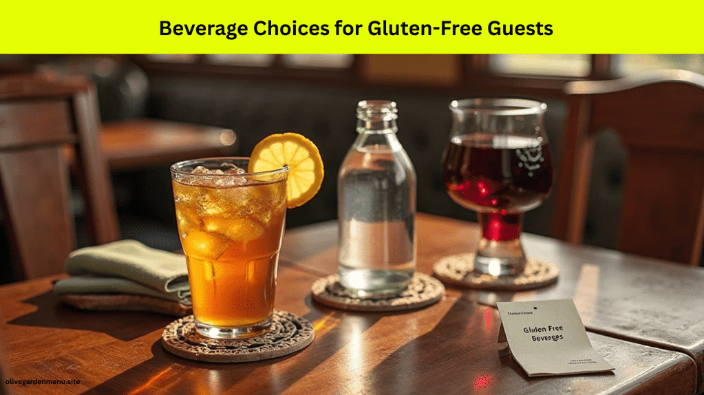 A realistic image of a clean Olive Garden dining table with a few gluten-free beverage options: a glass of iced tea with lemon, a small bottle of sparkling water, and a glass of red wine. Place them neatly with drink coasters and a cloth napkin on a rustic wooden table in a warmly lit Olive Garden-style setting. The drinks should appear refreshing, with no branding or people in the scene. Add a small card nearby that reads “Gluten-Free Beverages.”