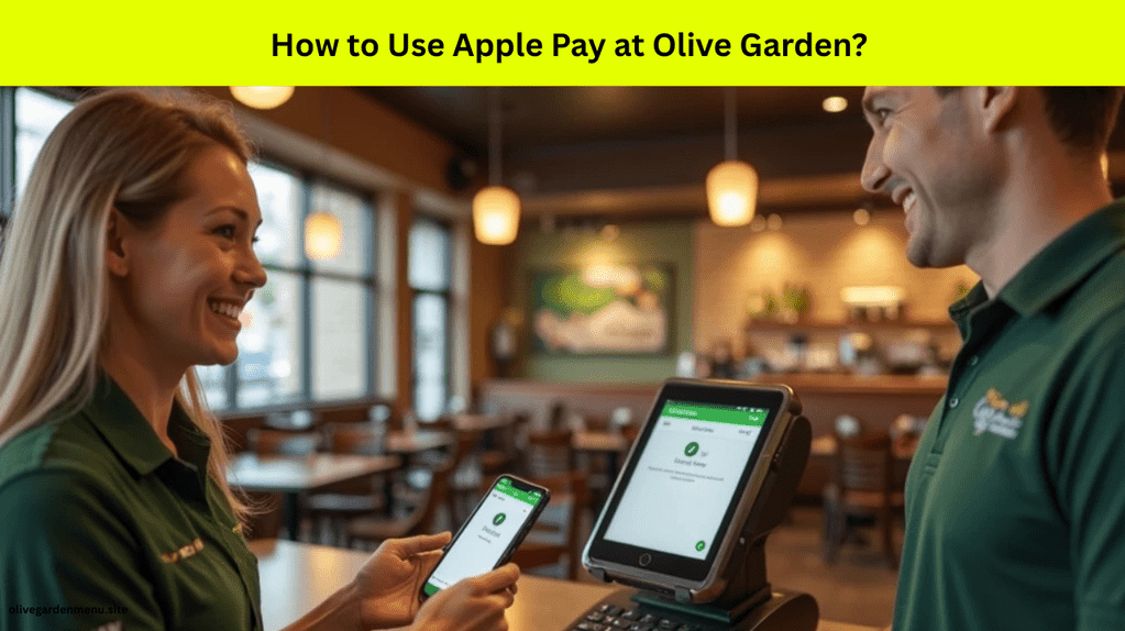 Customer using Apple Pay at Olive Garden checkout in 2025 with iPhone and contactless payment terminal